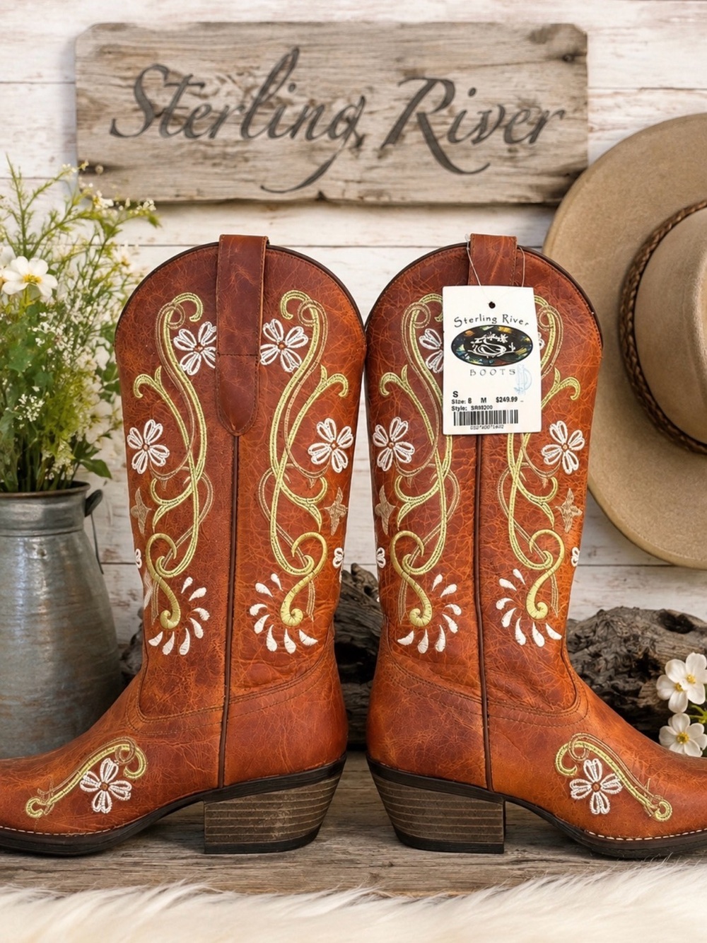 STERLING RIVER Rusty Orange Western Boots Mexican Artisan Embroidery Rubber Sole
